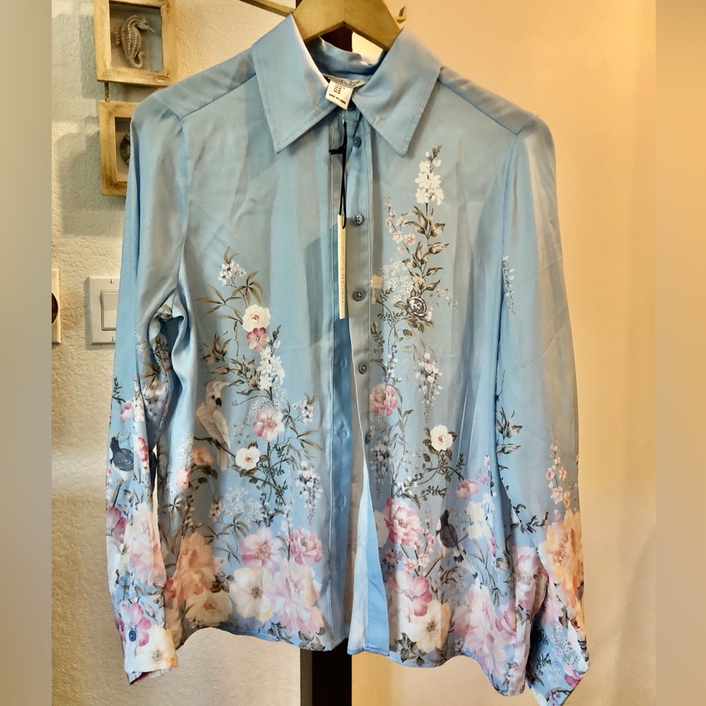 Sale! New RACHEL JOE Light Pastel Blue Floral Satin like Button-Up Blouse